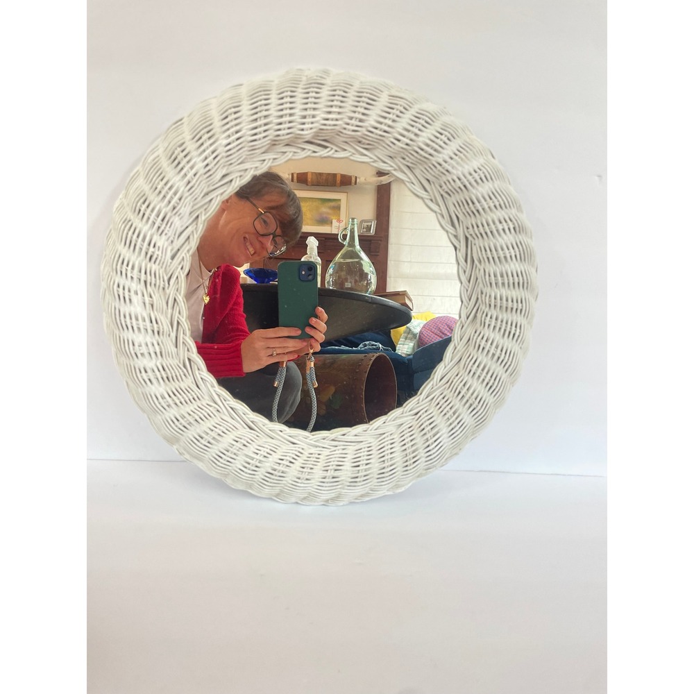 Vintage White Wicker Round Wall Mirror Coastal Cottagecore Woven Frame 16 Inch